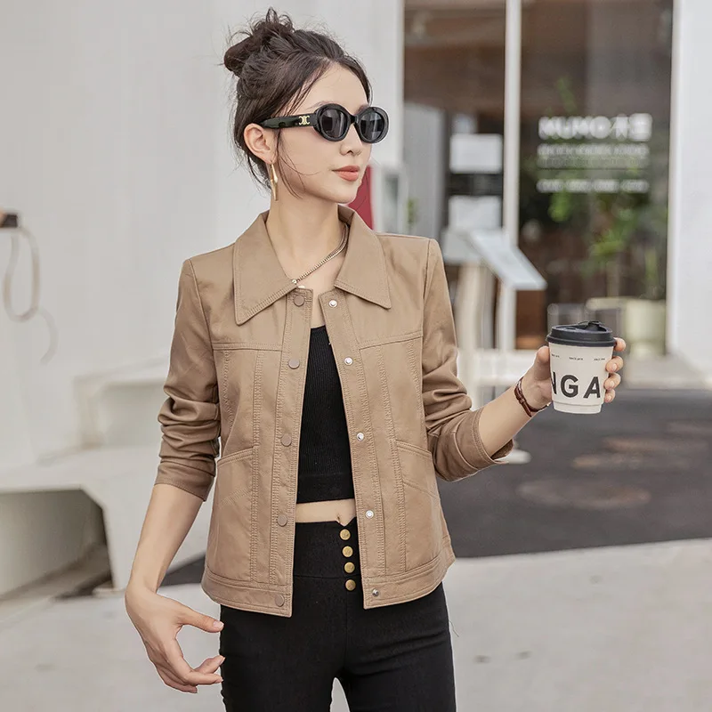 2024 Spring and Autumn New Small Leather Coat Women's Short Motorcycle Slim Fit Style Long sleeved Sheepskin Jacket