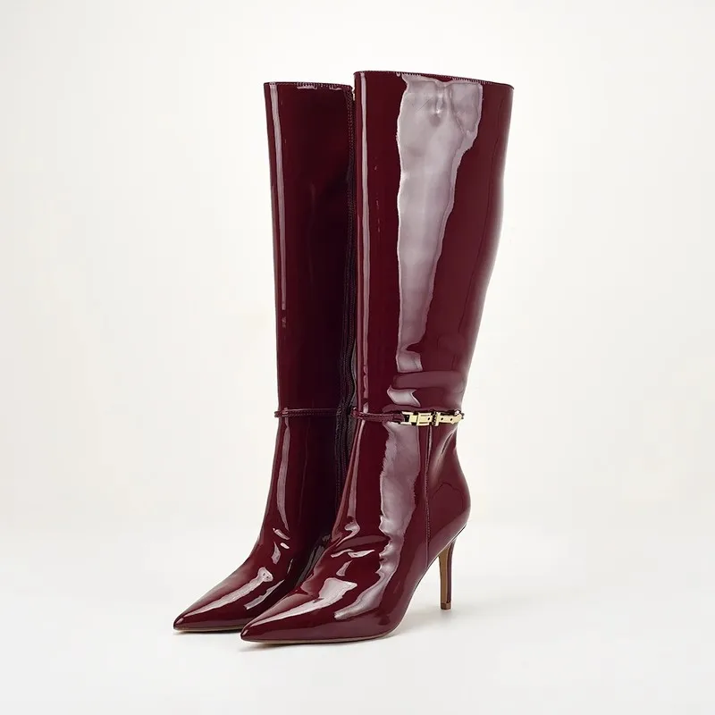 

Women's Patent Leather Knee High Boots, Pointed Toe Stiletto Burgundy Boots with Metal Buckle, Waterproof Party Shoes US 6-11