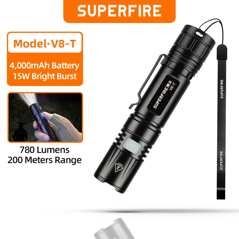 

SUPERFIRE V8-T High Power Led Flashlights Zoomable Camping Tactical Torch USB C Charging Camping Fishing Emergency Lantern