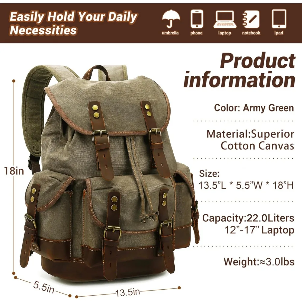 حقيبة ظهر جلدية كلاسيكية من القماش: حقيبة ظهر متينة ذات سعة كبيرة للرجال والنساء، مثالية للسفر والاستخدام الجامعي