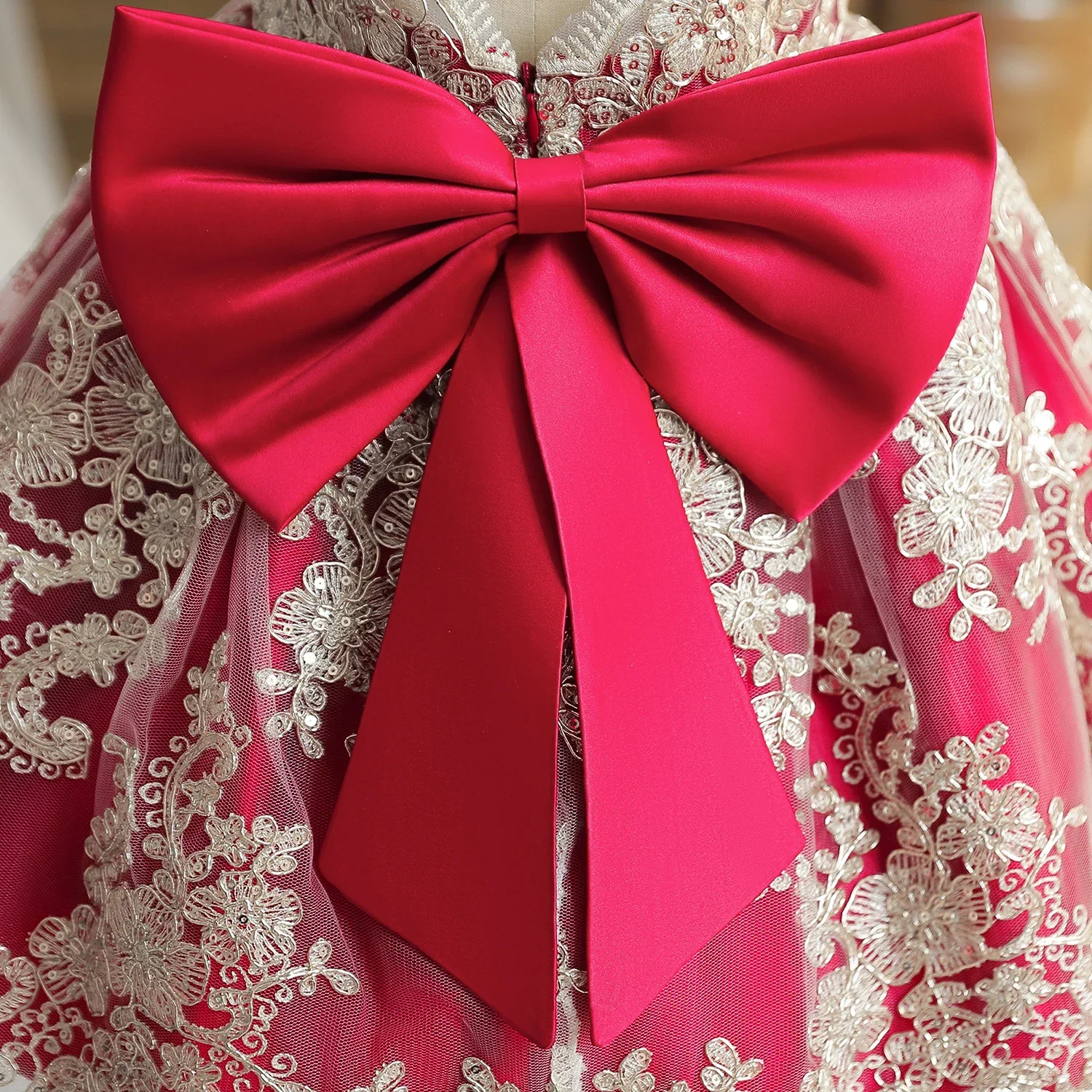 12M Baby Girls Red Christmas Dress Embroidery Floral Big Bow Wedding Tutu Gown Toddler Kids Birthday Party Formal Gala Costume