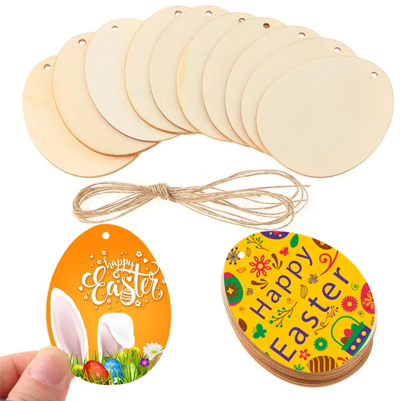 30-80mm Wooden Easter Eggs Pendants Blank Bunny Eggs Wood Chips Happy Easter Party Hanging Decoration Kids DIY Painting Crafts