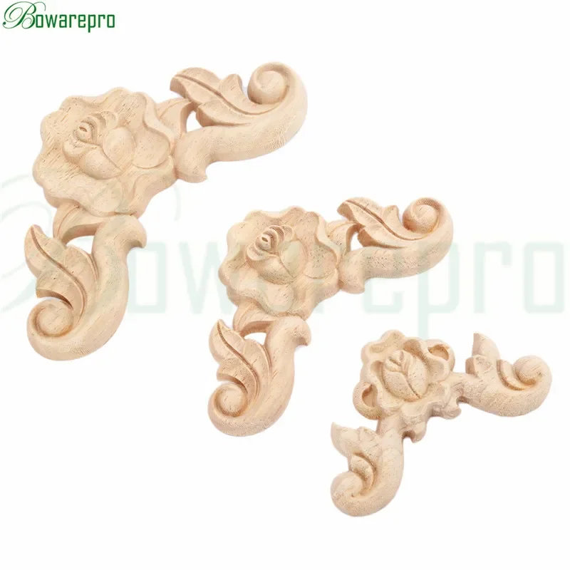 bowarepro Wood Carving Decal Vintage Carved Angle Wood Rose Floral Wooden Applique Home Decoration Accessories 6*6/8*8/10*10cm