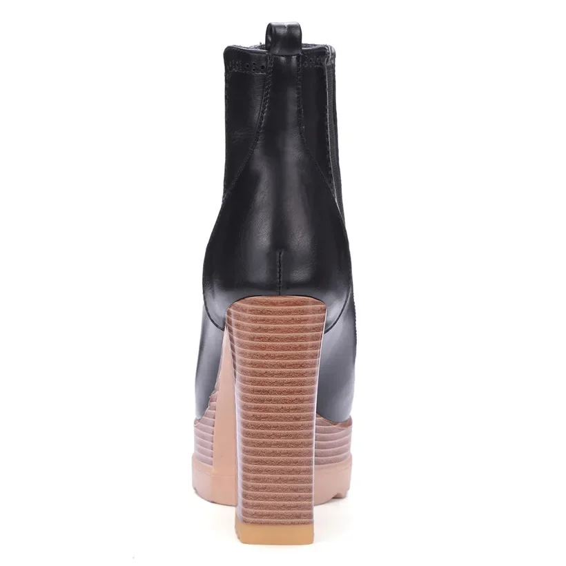 British Winter Women Platform Chelsea Boots High Chunky Heels Black Microfiber Round Toe Casual Lady Slip-on Oxford Ankle Boots