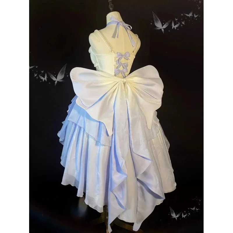 

ss23Gradient Blue Light Цветочное свадебное платье с вырезом спереди, короткая спина, длинное платье Лолиты, тонкое сверкающее платье Luo Pengpeng для тяжелой промышленности