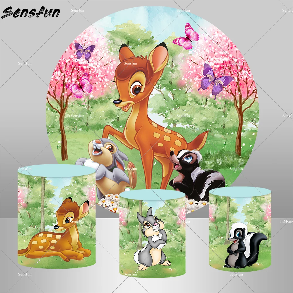 Capa de fundo redonda para crianças, cervos Bambi, animais, borboleta, floresta, chuveiro de bebê, fundo do círculo, 1st Birthday Party Supplies