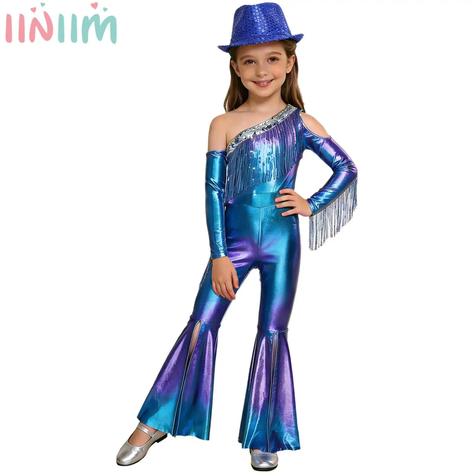 

Детский танцевальный комбинезон для диско-вечеринки, блестящие комбинезоны с металлическим рисунком и шляпой-федора, костюм для девочек с блестками и кисточками, расклешенный низ