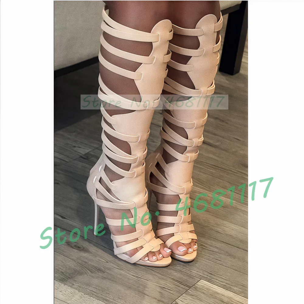 Nude Strappy Knee High Sandal Boots Sexy Women Gladiator Stiletto High Heels Puttee Shoes Party Nightclub Cutout Leather Sandals