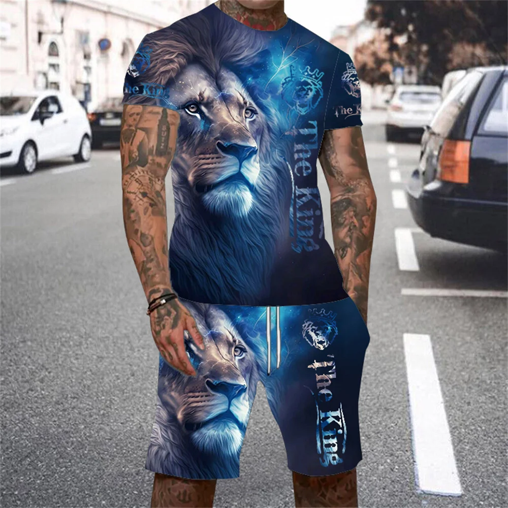 Conjunto de camiseta de manga curta masculina animal leão lobo 3d impresso personalizado conjunto masculino casual esportes ao ar livre conjunto roupas li