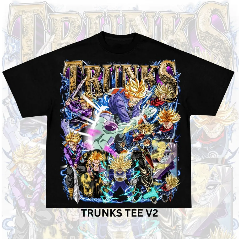 2026 Sommer Dragon Ball Oversized T-Shirt – Hochwertiges 100% Baumwoll-T-Shirt mit Trunks Collage Print – Unisex Retro Casual Tee für Erwachsene und Kinder