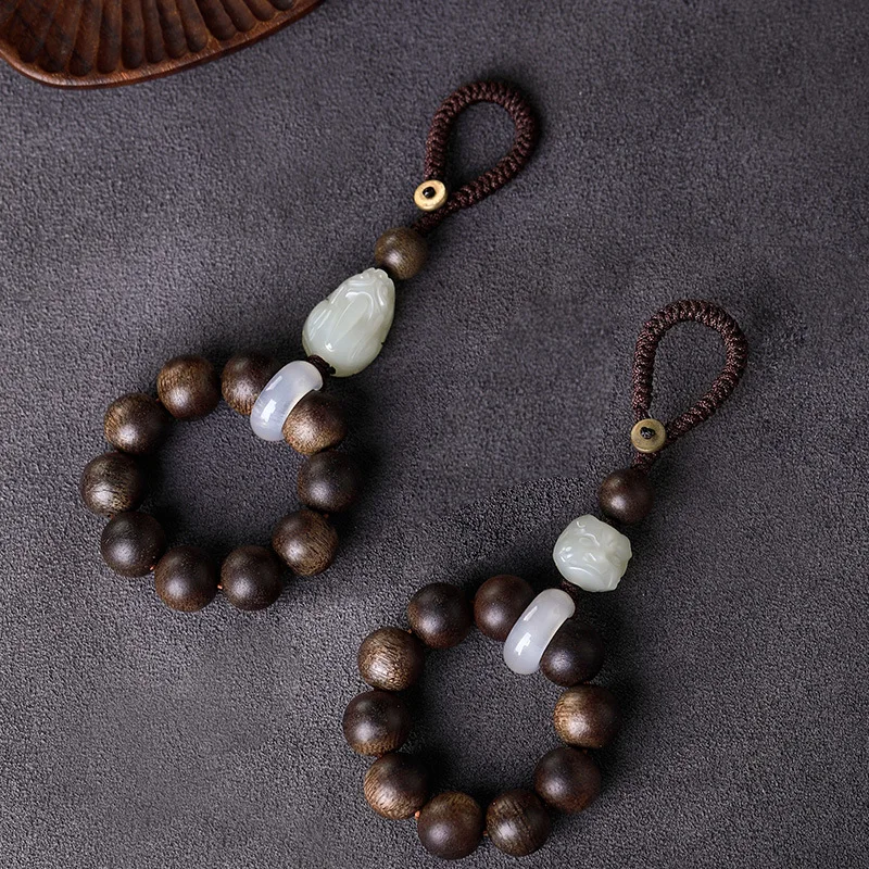 Natural Agarwood 90% Sinking Car Keychain Pendant Hetian Jade Pixiu Car Interior Ornament Gifts
