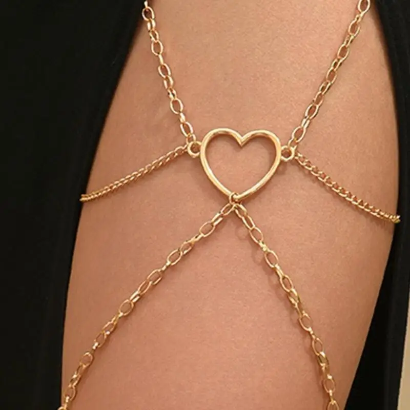 39BD Rock Leg Chain Garter Multi-layer Hollow Heart Thigh Chain Elastic Sexy Body Chain Jewelry Nightclub Party for Woman
