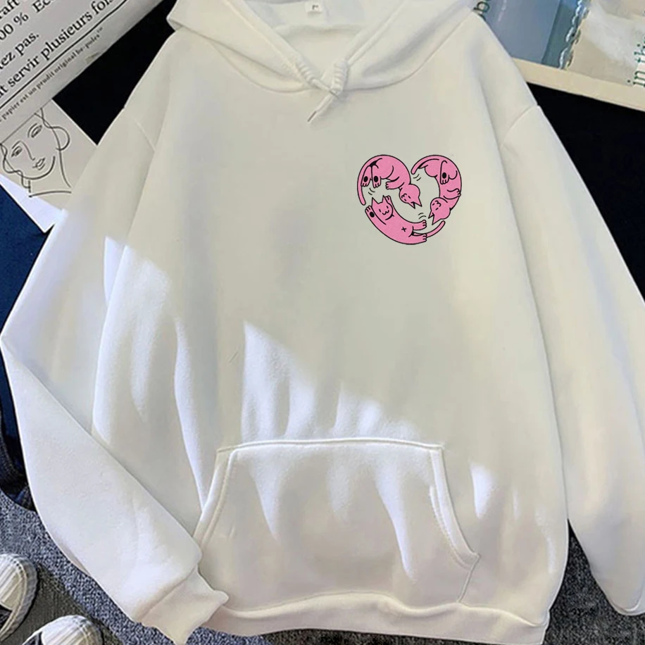 

Cute Heart-shaped Cat Patterned Men Women Hoodie Funny Kawaii Simple Harajuku Print Unisex Sweatshirt Loose Casual Comfy Top