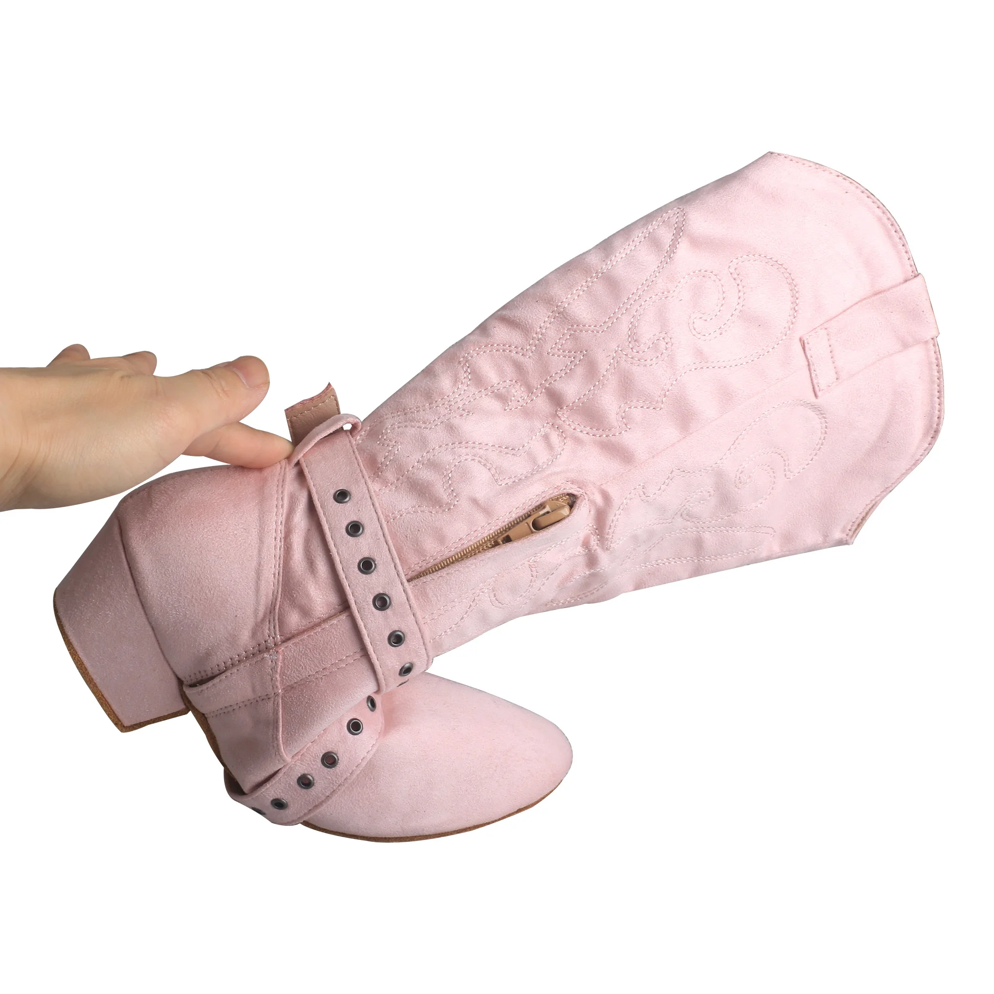 Wedopus Customized Heel Pink Dance Boots with Embroidery Mid-calf Practice Dance Shoes Women Boots Suede Soft Sole