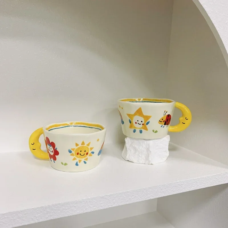 300ML Korean Style Cute Hand-painted Handle Mug Personalized Good-looking Ceramic Cup Couple Mug For Birthday Gift New