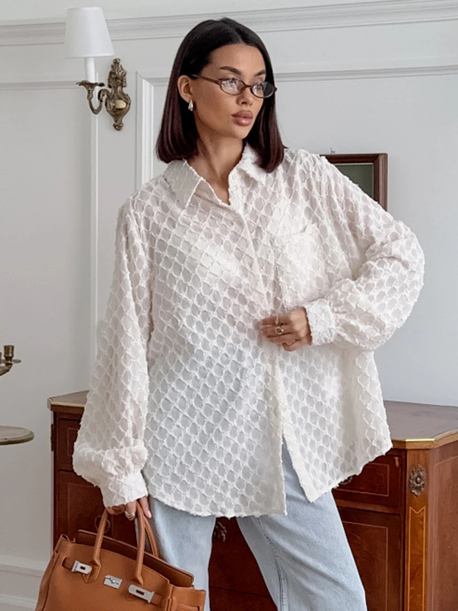 

Solid Jacquard Transparent Pocket Blouse Women Lapel Collar Button-up Long Sleeve Blouses New Simple Casual Fashion Loose Shirts