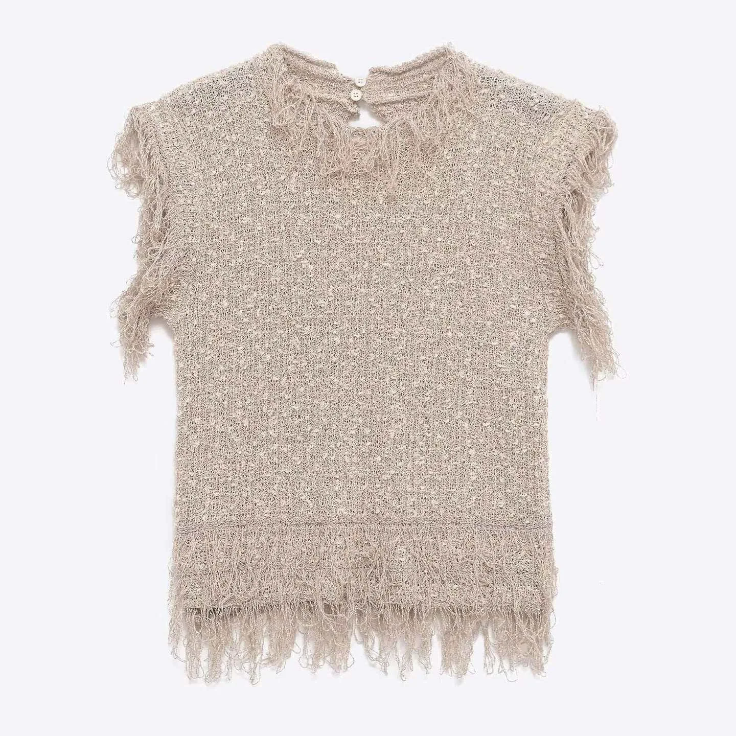 

Women's Casual Sleeveless Top Fall Winter Fashionable Versatile Light Khaki Tassel Knit Sweater Solid Color Everyday Pullover