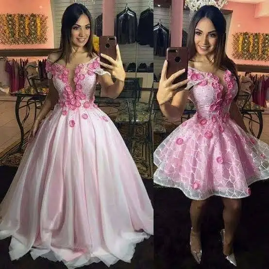 

ANGELSBRIDEP Hot Pink Quinceanera Dress Ball Gowns 2 in 1 Prom Dresses Detachable Train 3D Flowers Short Party Dress 16 Sweet