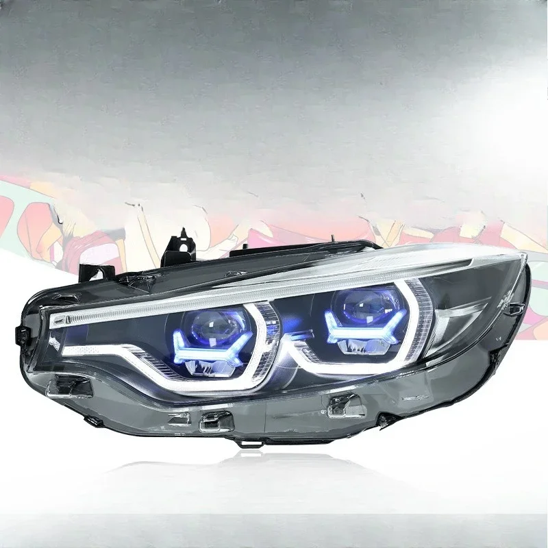 زوج مناسب لـ 13-20 BMW 4 Series F32 مجموعة مصابيح أمامية تعديل الإطار الأزرق M4LED عدسة النهار تشغيل ضوء بدوره إشارة