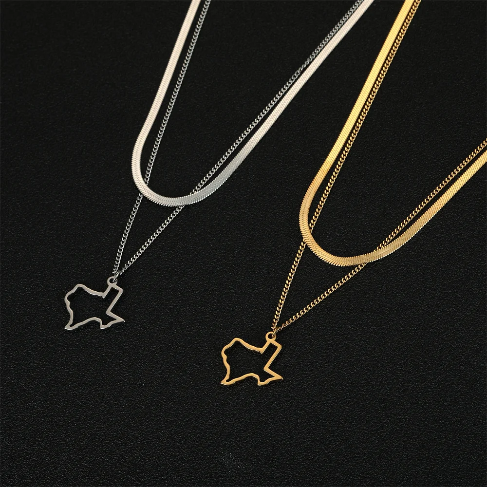 My Shape Texas State Outline Pendants Necklaces for Women Men 2 layers Chain Choker Chain Stainless Steel Fashion Jewelry Gifts