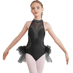 Tulle Feather Skirted Bodysuit for Kids 소녀 발레 댄스 투투 체조 레오타드 라인 석 쉬어 메쉬 피겨 스케이팅 점프 슈트