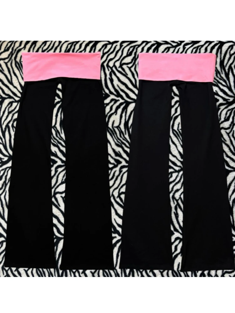 Vintage Contrast Fold Waist Bootcut Pants, Ladies Slim Fit Black Flare Leg Stretchy Casual Y2K Streetwear Trousers