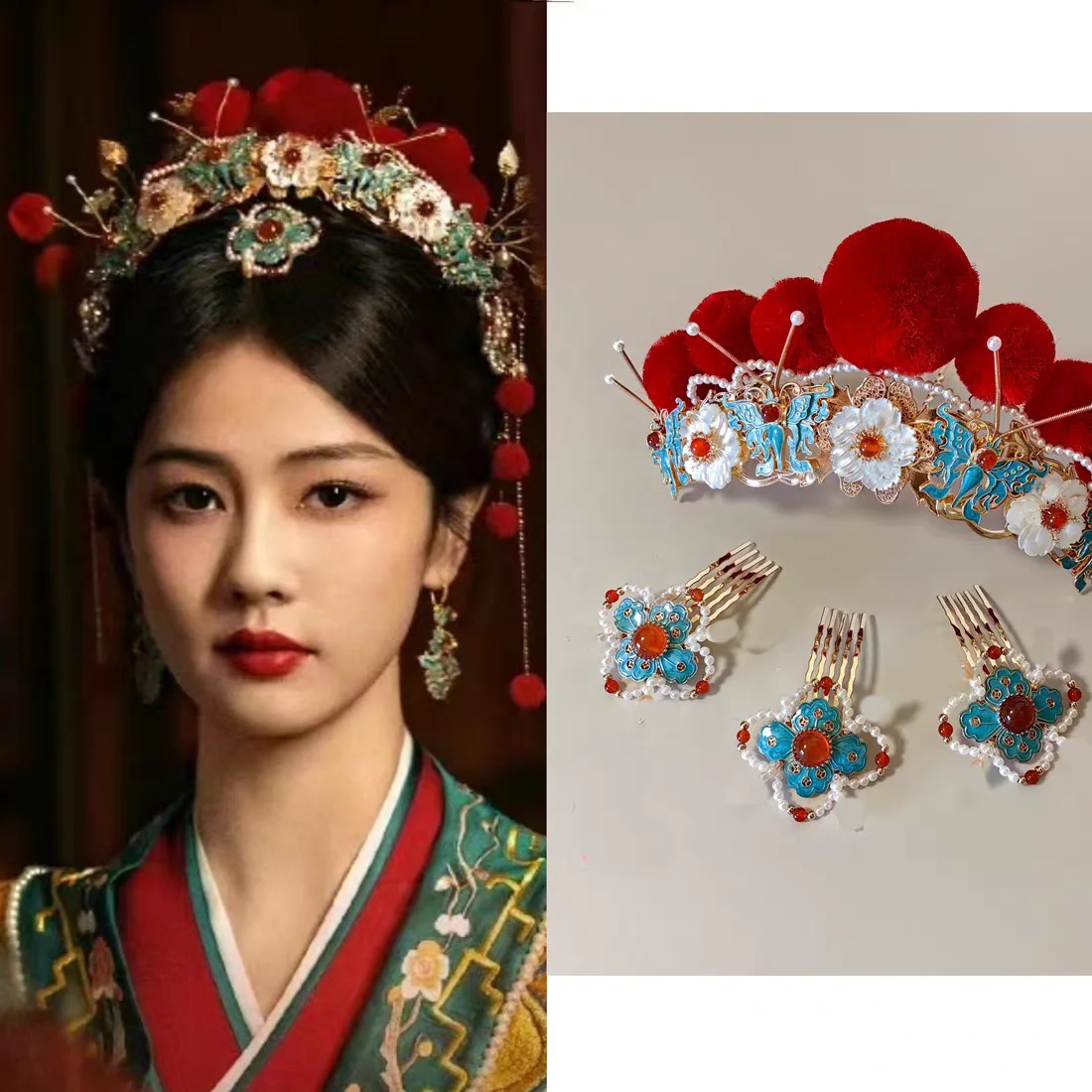 White Deer Same Style Hair Crown Hair Accessories Antique Hair Hairpin Set Headwear Burned Blue Opera  Ball Hairpin Red