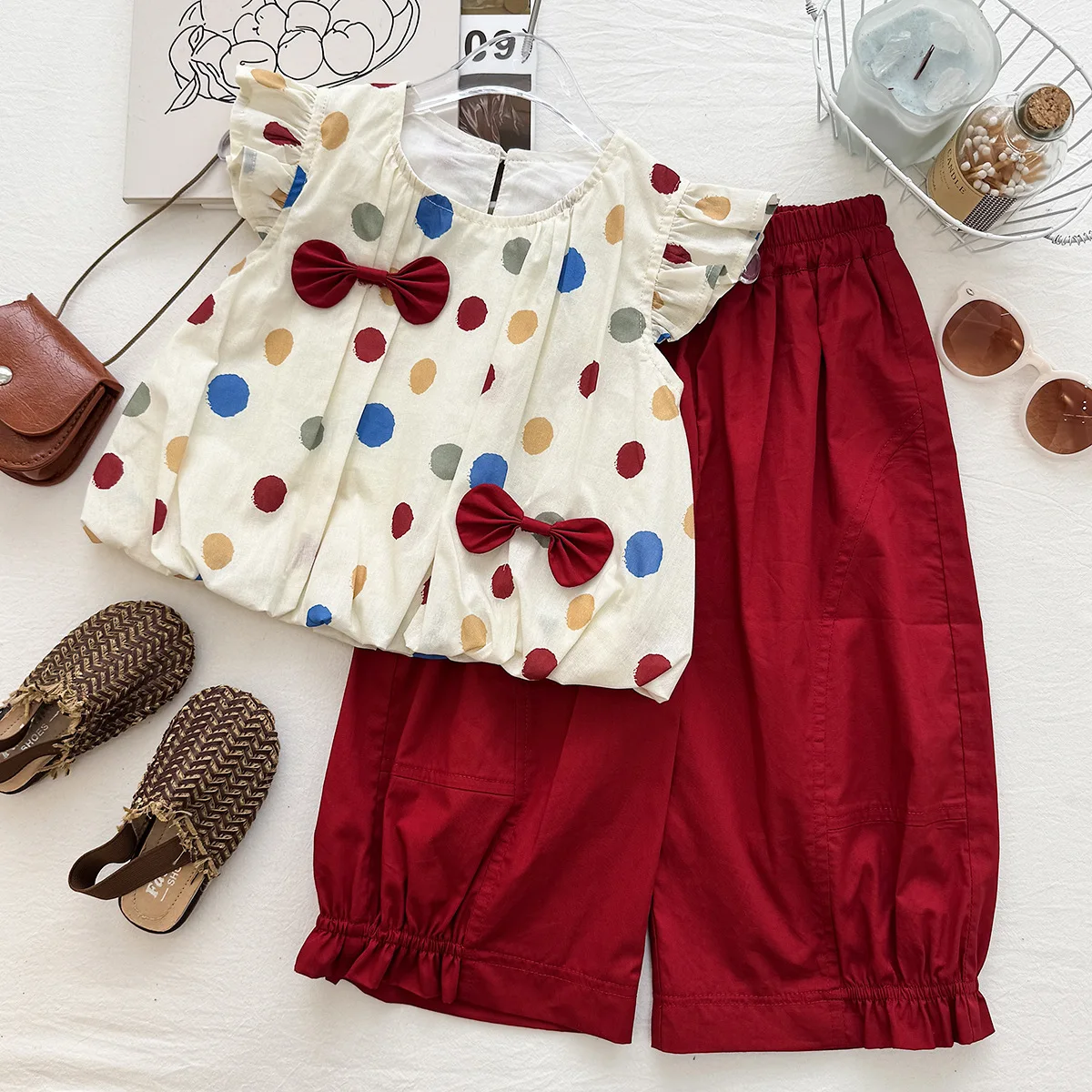 2026 New Summer Girls 2Pcs Outfit, Sweet Polka Dot Flutter Sleeve Top & Anti-Mosquito Pants Set  for 90-150cm