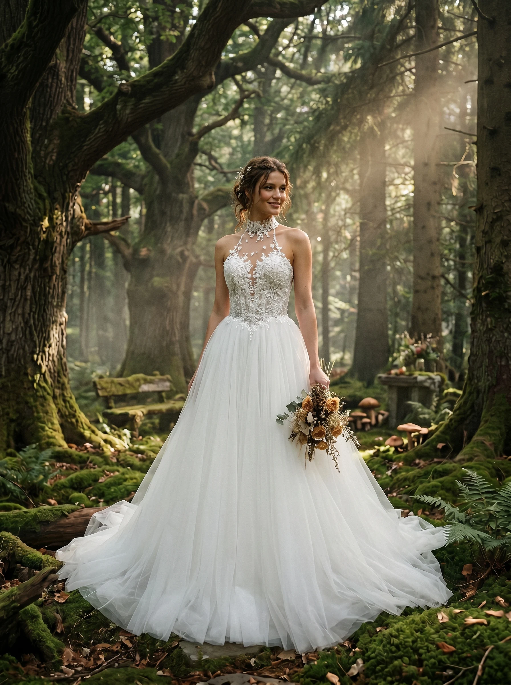 Halter Neck  Lace A Line Wedding Dress High Neck 3D Floral Appliques Tulle Skirt Boho Bridal Gown Ivory Forest Vestido De Novia