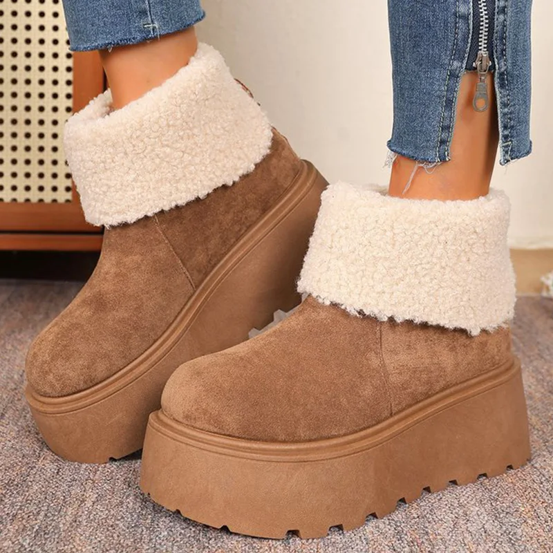 

Модные верблюжьи зимние ботинки без шнуровки, женские зимние ботинки 2021, короткие плюшевые толстые теплые ботильоны, женские ботильоны на массивной платформе Mujer