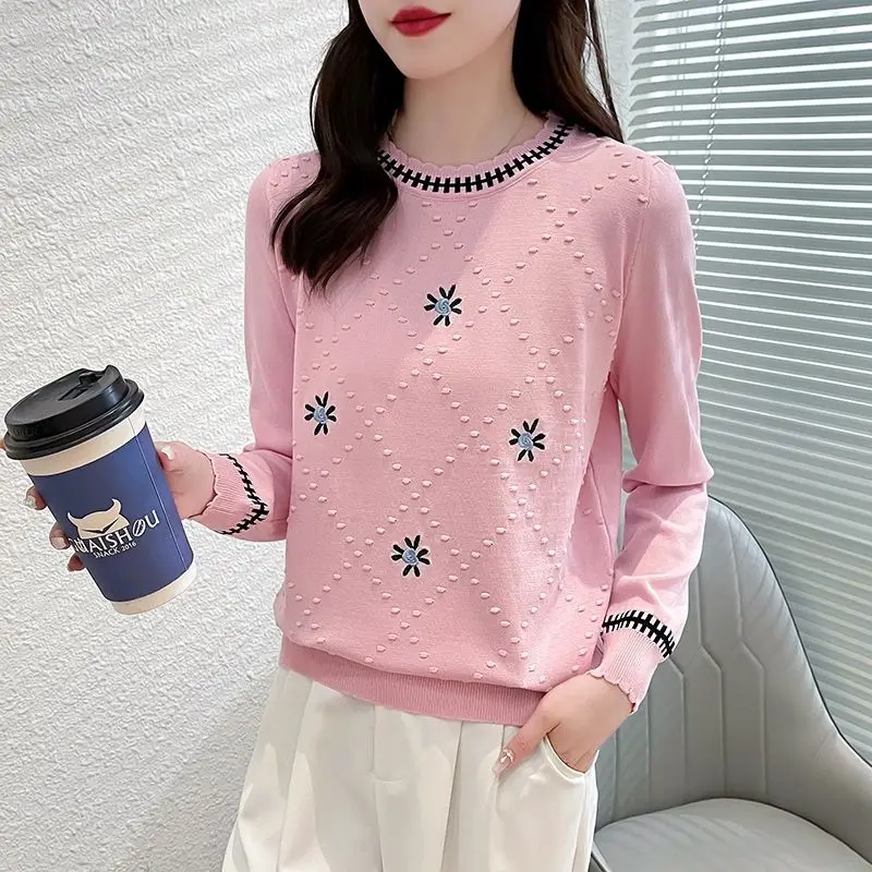 Autumn Winter Women's Pullover Sweater Round Neck Long Sleeve Screw Thread Crochet Floral Embroidery Knitted Casual Chic Tops