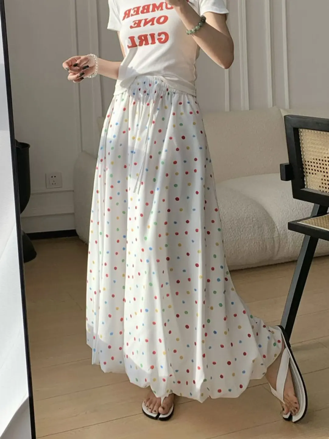 

2025 New Summer Polka Dot Floral f Skirt Women's Thin Hanging Sense Skirt High Waist Slim A-Line Umbrella Skirt Commute Sle