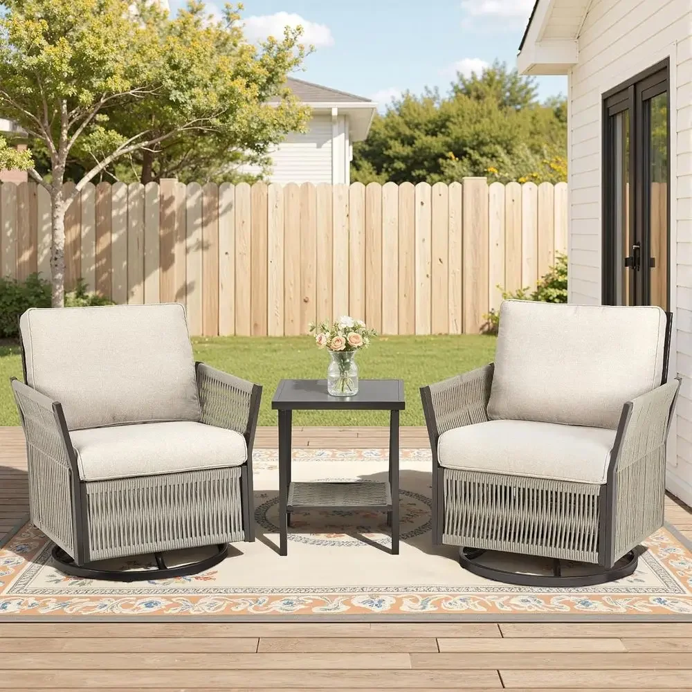 

3-Piece Wicker Patio Furniture Set with Swivel Rocker Chairs and Side Table for Outdoor/Indoor Use (Beige)