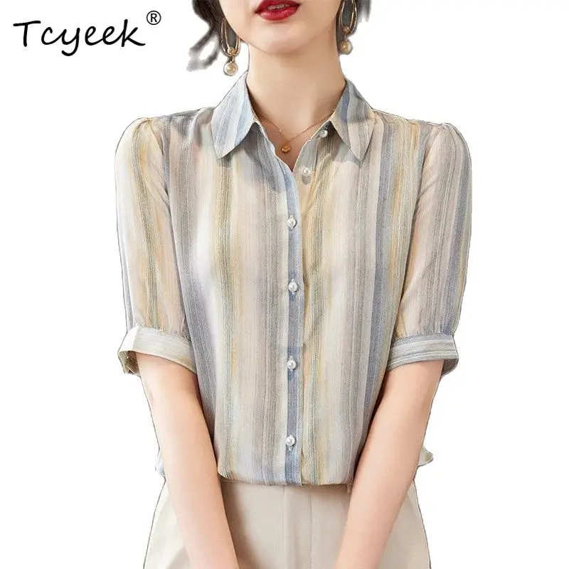 

Tcyeek, 100%Real Silk Elegant Shirt, Women Half Sleeve Lapel Striped, French Commute Retro Blouse, 2024 Summer Autumn T46066QC