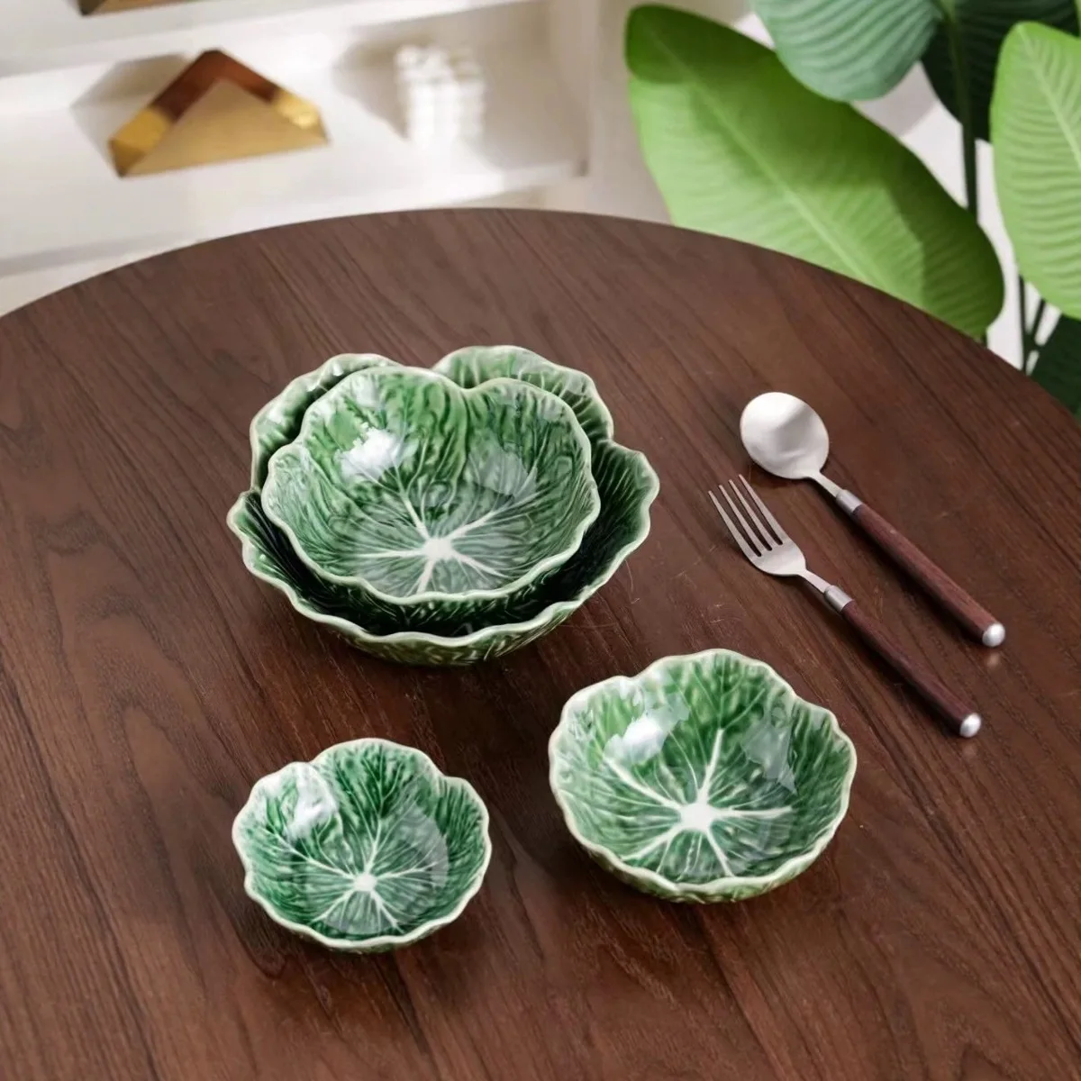 Green cabbage bowl plate 9-inch salad bowl White cabbage special-shaped rice  Lace breakfast  Solid color petal