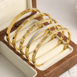 FLASHBUY Trendy Chic Gold Color Simple 316L Stainless Steel Bangles Bracelets for Women Charm Zircon Waterproof Jewelry Gift