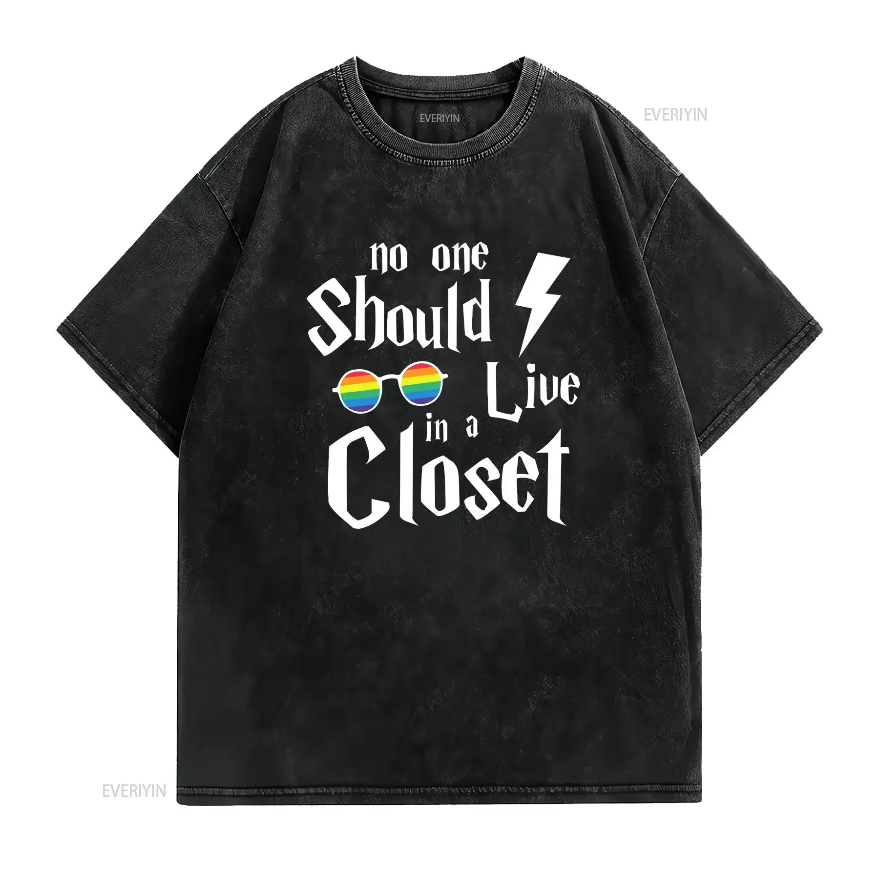 No One Should Live in a Closet T Shirt Black w Rainbow LGBTQ Size M vintage Washed streetwear Slightly Stylish Soft Casual