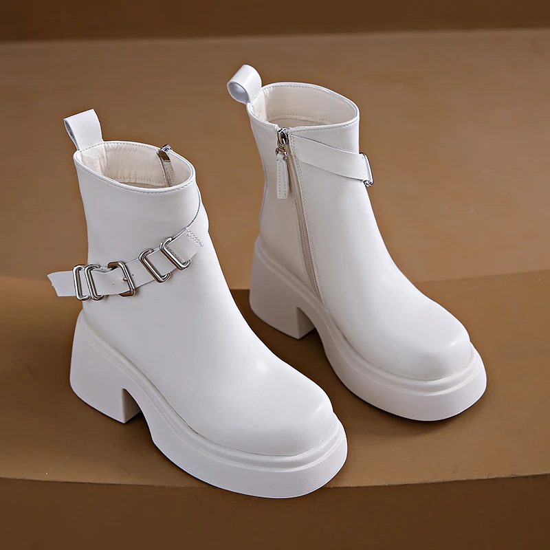 New 2024 Autumn Winter Round Toe Ladies Ankle Boots Women Fashion Chunky Heels Platform Boots  White Buckle Short Boots