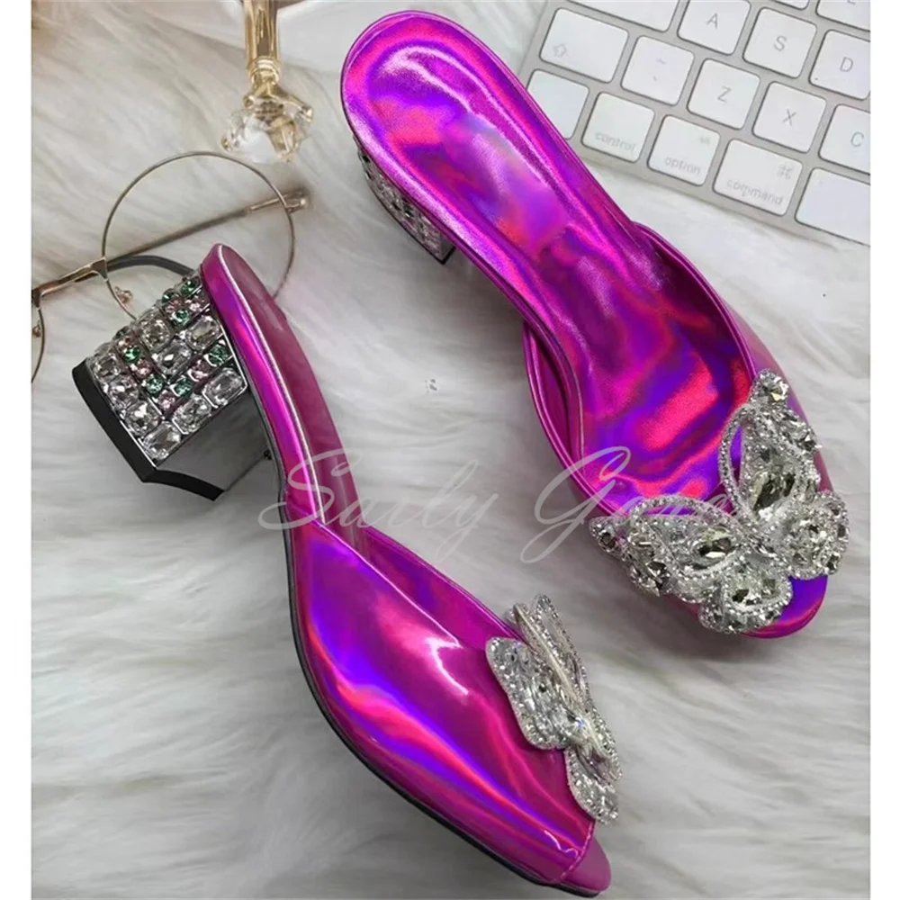 Diamond Butterfly Chunky Heel Slippers Women Open Toe Slip On Thick Heel Crystal Bling Bling Summer New Outside Dress Mules
