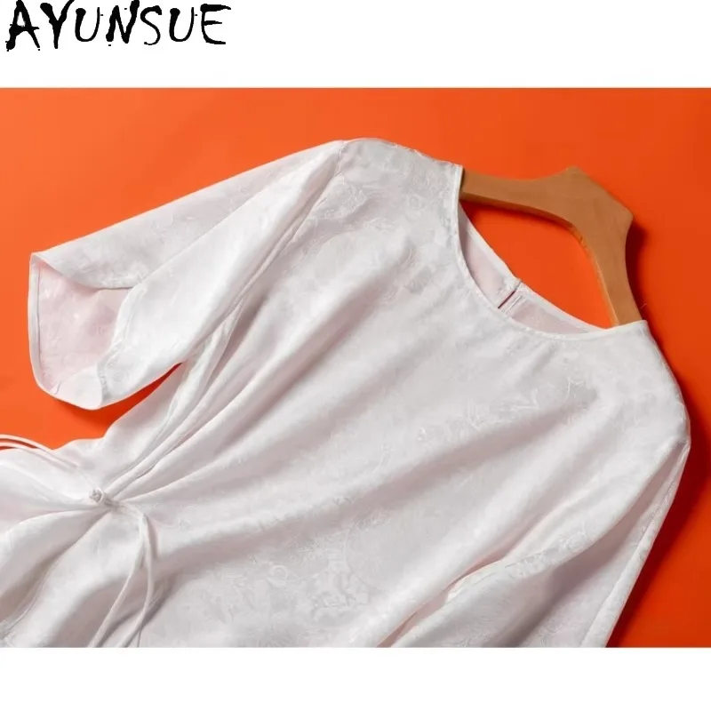 

AYUNSUE 100% шелковые женские футболки, новые топы в китайском стиле с коротким рукавом для женщин, футболка с круглым вырезом, женская одежда высокого качества