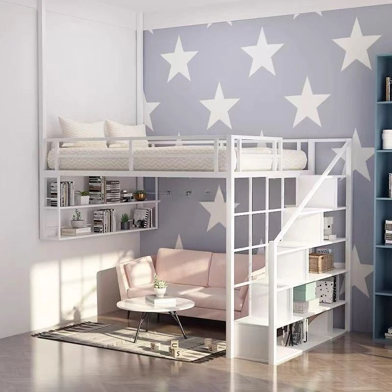Nordic wrought iron bed under table elevated single upper loft bed small apartment space saving double