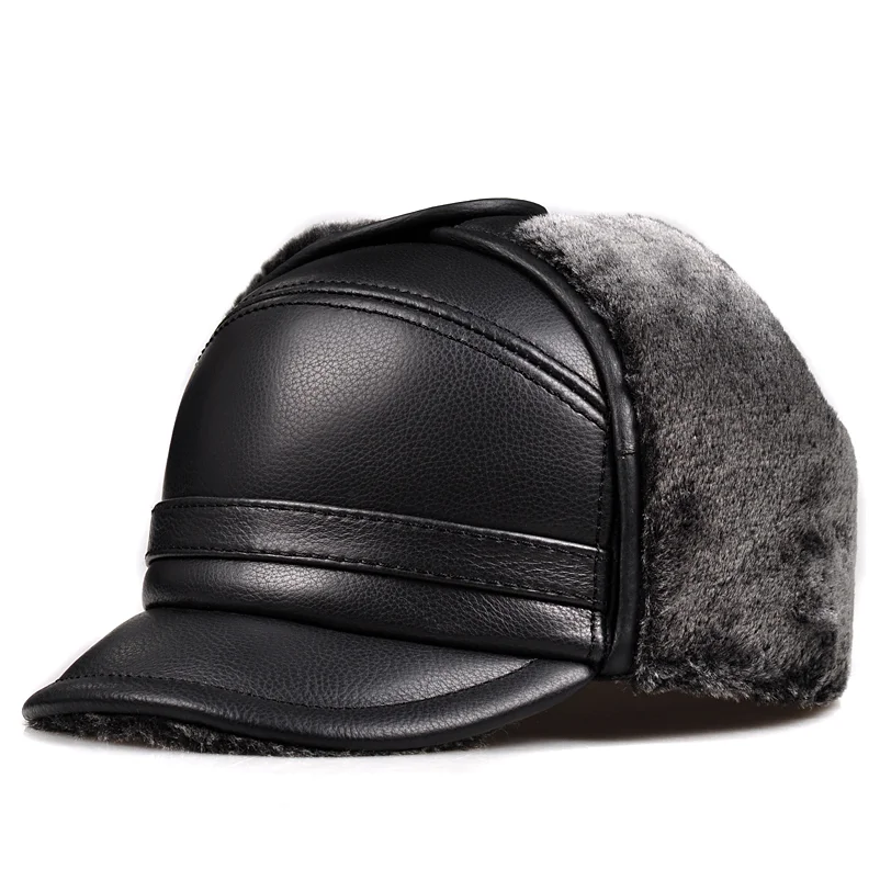 Male Winter Warm Ear Protection Bomber Hat Man Genuine Leather Faux Fur Inside Black/Brown Ultra Large Size 54-62cm Caps