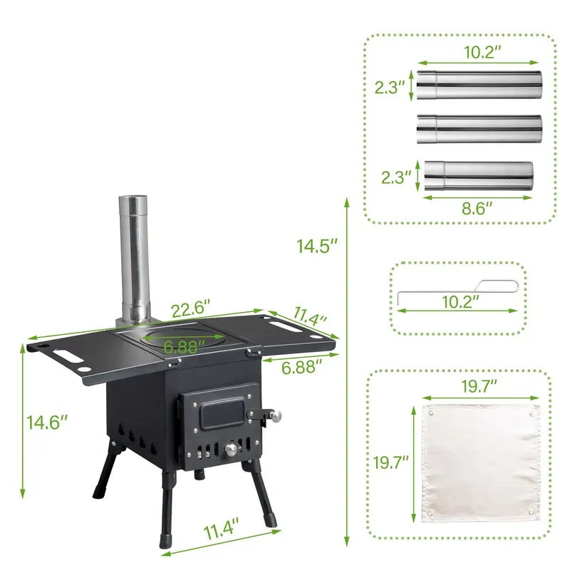 Portable Foldable Charcoal BBQ Stove Modern Black Metal Outdoor Camping Wood Burning Grill with Chimney Powder Coated Design