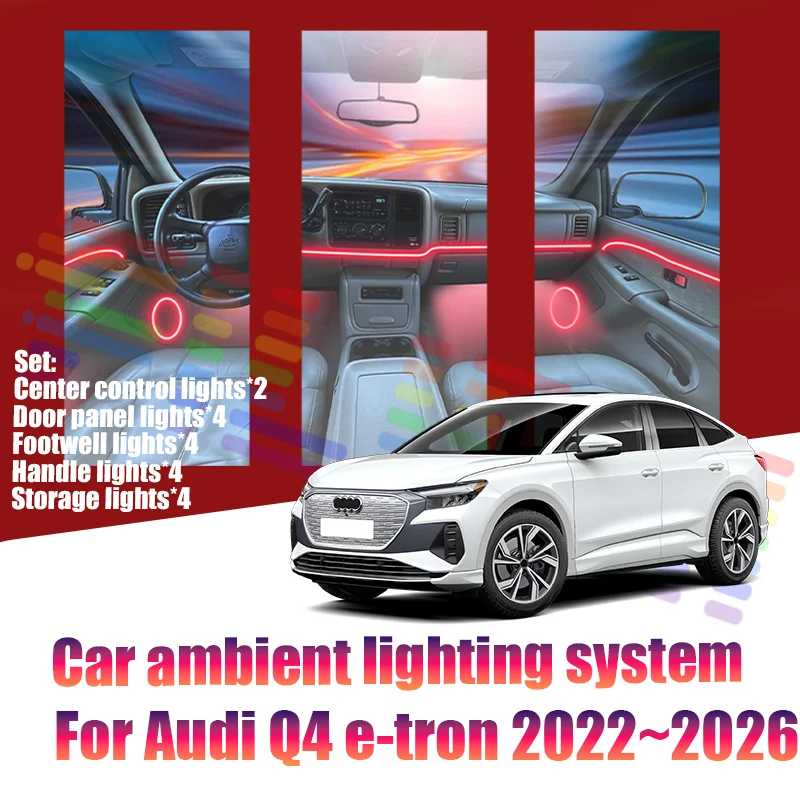 Für Audi Q4 e-tron 2022~2026 F4 Auto LED Ambientebeleuchtung Farbige Atmosphärenlichter Auto-Innenraum Neonstreifen 64 RGB Beleuchtung