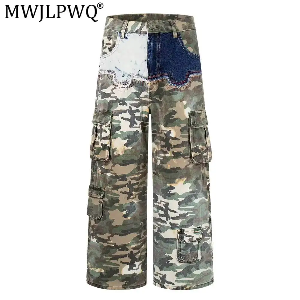 MWJLPWQ Trendy Camouflage Straight-Leg Work Pants For Men Worn-Out Patchwork Multi-Pocket Punk Style Unique Wide-Leg Jeans 17298