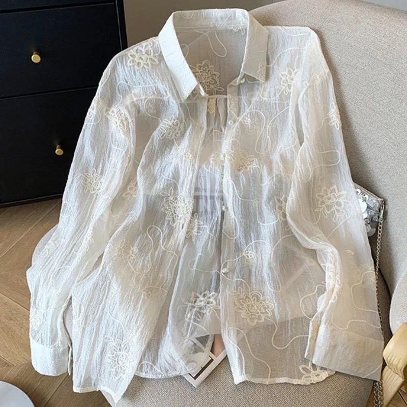 

New Chinese Style Women's Sun Protection Silk Shirt Summer Thin Ice Silk Open Cardigan Outerwear Long Sleeve Collar