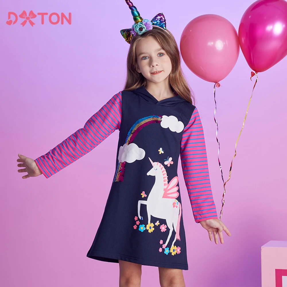 

DXTON Winter Kids Hoodies Dresses Cotton Striped Children Vacation Clothes Cartoon Girls Dress Casual Hooded Baby Girls Dresses