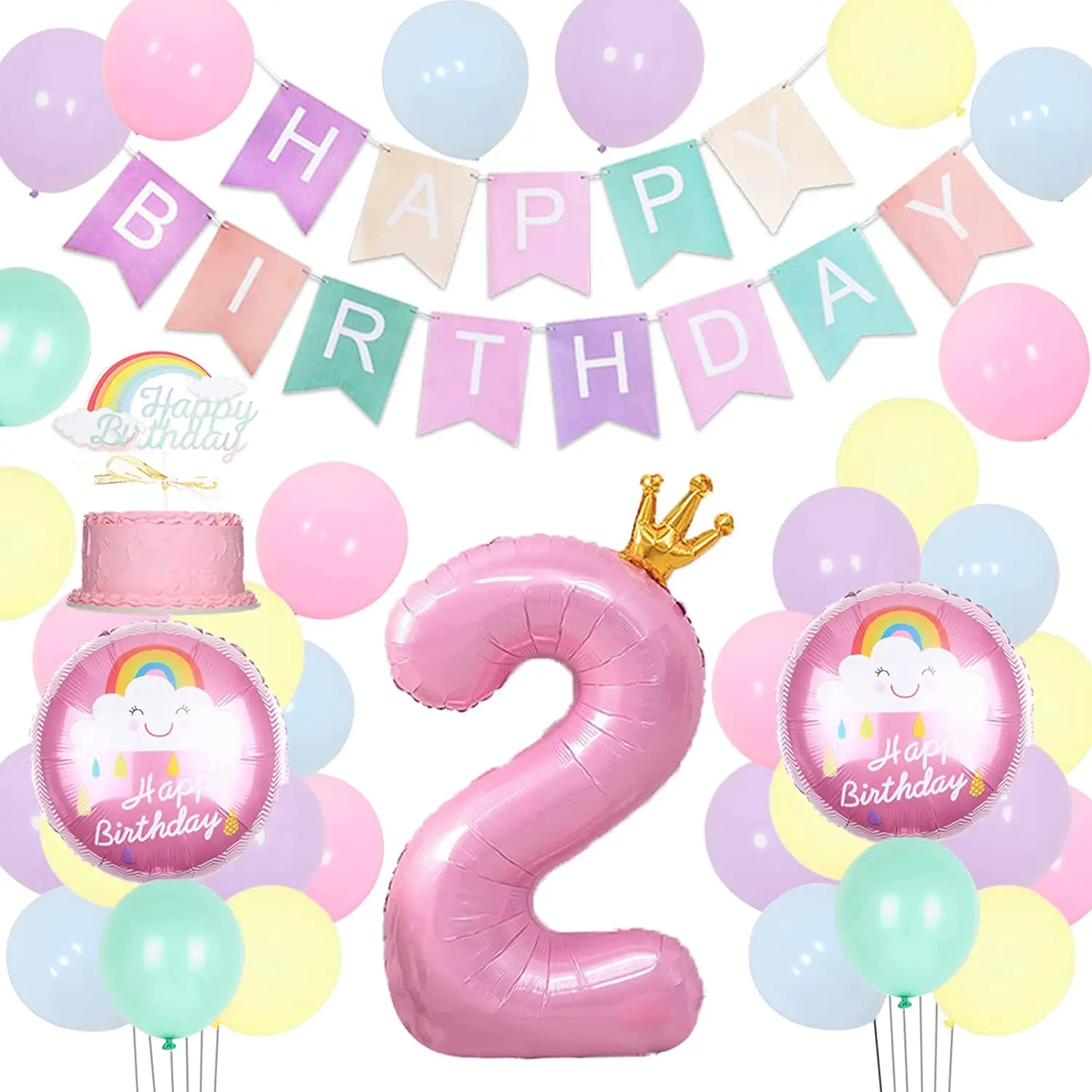 

2nd Birthday Decorations for Girls Pastel with Macaron Birthday Banner Balloons Rainbow Cake Topper for Two Sweet Party Supplies