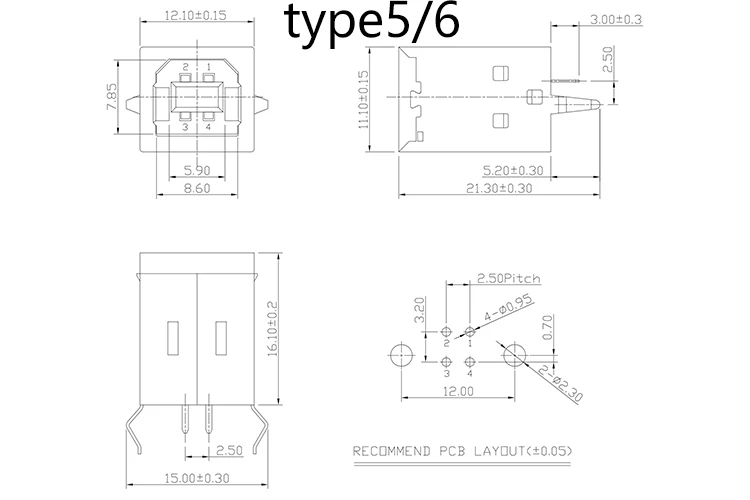 Conector USB 2,0 de 5 piezas, conector hembra macho tipo B, 90 °/3,0 °, reparación de interfaz de impresora DIY