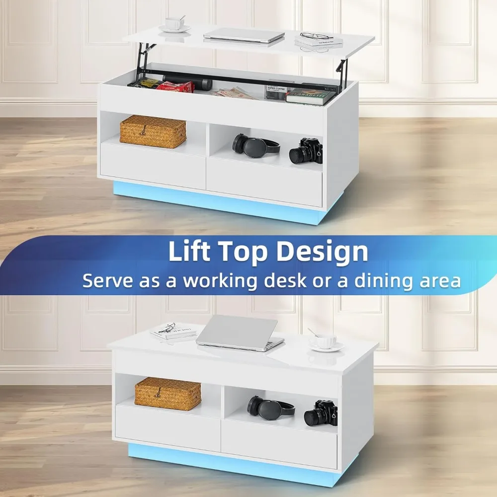 LED Coffee Table with Lift Top Morden Coffee Table with Storage High Gloss White Sofa Table for Living Room Center Tables Hidden